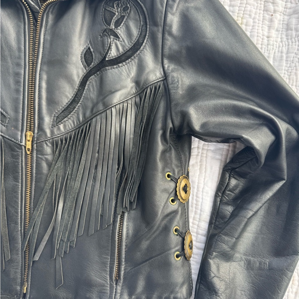 Protech vintage leather fringe jacket, black western Moto biker made in USA - Picture 8 of 8